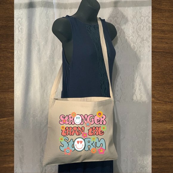 Positive Quote Cotton Canvas Messenger Crossbody Tote Bag with Long Strap - Picture 2 of 4